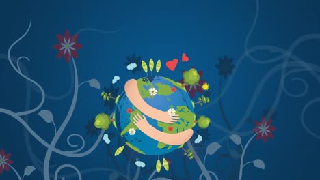 Animation-of-globe-with-hands-over-flowers-on-blue-background