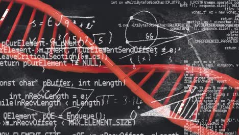 Animation-of-dna-strand,-mathematical-equations-and-data-processing-over-black-background