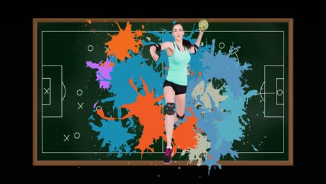 Animation-of-caucasian-female-handball-player-holding-ball-over-drawing-of-game-plan