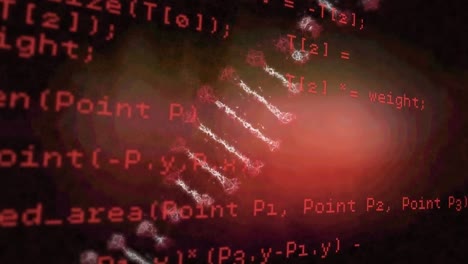 Animation-of-dna-strand-and-data-processing-over-red-background