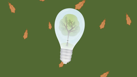 Animation-of-lightbulb-over-leaves-on-green-background