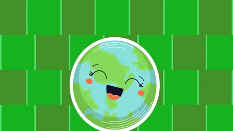 Animation-of-smiling-globe-over-squares-on-green-background