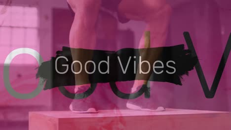 Animation-of-good-vibes-text-over-caucasian-man-exercising-at-gym