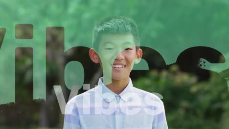 Animation-of-vibes-text-over-smiling-asian-boy-wearing-shirt