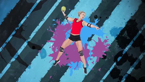 Animation-of-caucasian-female-handball-player-holding-ball-over-blue-stripes