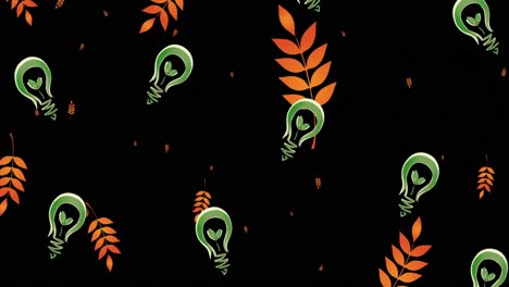 Animation-of-green-lightbulbs-and-leaves-on-black-background