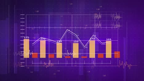 Animation-of-statistics-and-financial-data-processing-over-grid-on-purple-background