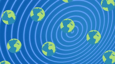 Animation-Von-Globen-über-Blauen-Kreisen-Auf-Blauem-Hintergrund