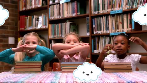 Animation-of-clouds-and-crosses-moving-over-happy-school-children-with-books-in-library