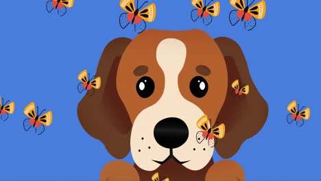 Digital-animation-of-multiple-butterfly-floating-over-dog-face-icon-on-blue-background
