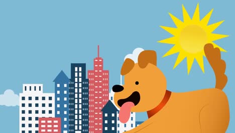 Digitale-Animation-Eines-Hundes-Vor-Dem-Stadtbild-Und-Sonnensymbol-Vor-Blauem-Hintergrund