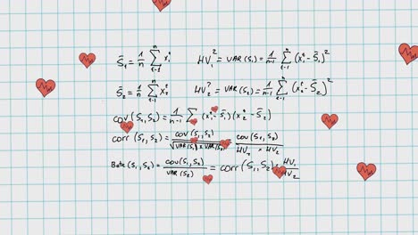 Animation-of-hearts-falling-over-mathematical-equations-in-school-notebook