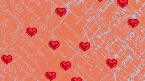 Animation-of-hearts-falling-over-mathematical-equations-on-red-background