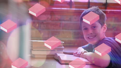 Animation-of-books-moving-over-happy-schoolboy-reading