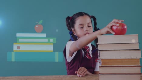 Animation-Von-Büchern,-Die-Sich-über-Ein-Glückliches-Schulmädchen-Bewegen,-Das-Einen-Apfel-Auf-Einen-Bücherstapel-Legt