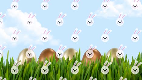 Animation-of-easter-bunnies-over-easter-eggs-in-spring-grass-and-blue-sky