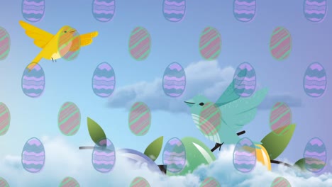 Animation-of-colorful-eggs-pattern-falling-over-sky-and-bird