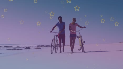 Goldene-Sternsymbole-Gegen-Afroamerikanisches-Paar-Mit-Fahrrad,-Das-Gemeinsam-Am-Strand-Spaziert
