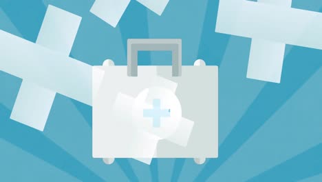 Animation-of-white-crosses-over-medical-kit-on-blue-background