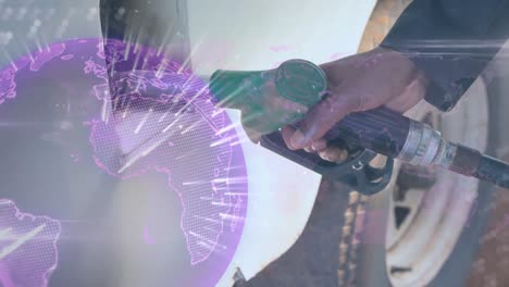 Animation-of-globe-over-world-map-and-african-american-man-fueling-car