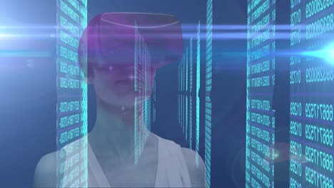 Animation-of-caucasian-woman-with-vr-headset-over-binary-coding