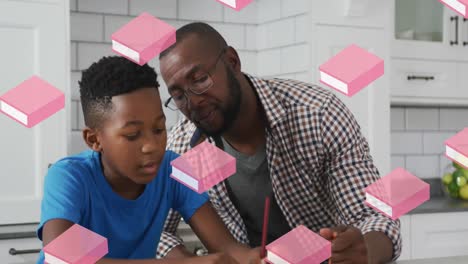 Pink-book-icons-in-seamless-motion-against-african-american-father-helping-son-with-homework