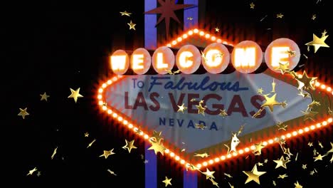 Vídeo-Compuesto-De-Múltiples-íconos-De-Estrellas-Doradas-Cayendo-Contra-El-Letrero-De-Bienvenida-A-Las-Vegas
