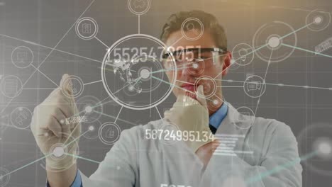 Animation-of-globe-over-data-processing-and-smiling-caucasian-male-doctor-on-gray-background