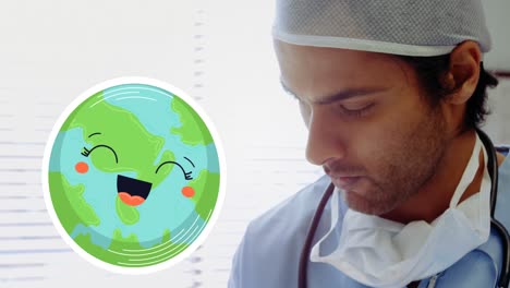 Video-Del-ícono-Del-Globo-Sonriente-Sobre-Un-Médico-Birracial-En-El-Hospital