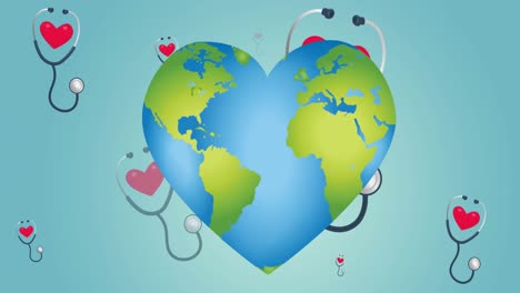 Digital-animation-of-heart-shaped-earth-against-multiple-stethoscope-icons-on-blue-background