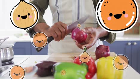 Animation-of-food-icons-over-african-american-man-cutting-vegetables
