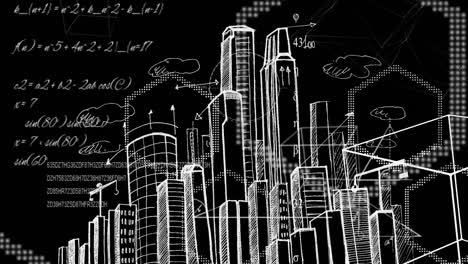 Mathematical-equations-and-formulas-floating-against-cityscape-sketch-on-black-background