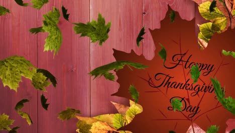 Animation-of-leaves-over-happy-thanksgiving-day-text-on-wooden-background