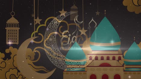 Animation-of-eid-mubarak-logo-and-text-over-moons-and-mosque