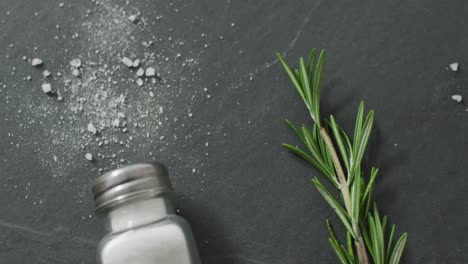 Video-of-rosemary-twig-and-spoon-of-salt-on-stone-background