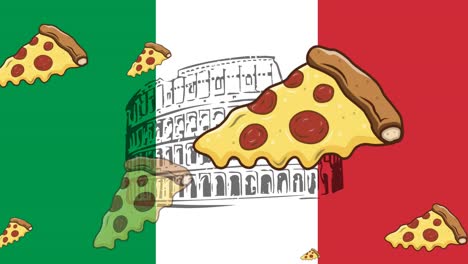 Múltiples-Iconos-De-Rebanadas-De-Pizza-Sobre-El-Coliseo-Contra-La-Bandera-De-Italia-En-Segundo-Plano.