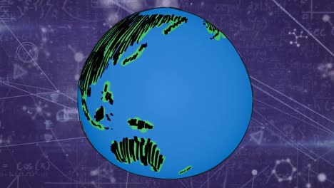 Animation-of-globe-over-mathematical-equations-on-blue-background
