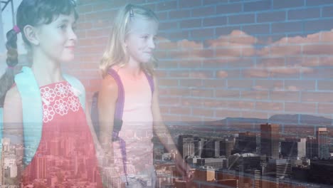 Composite-video-of-view-of-cityscape-against-two-caucasian-girls-holding-hands-walking-at-school