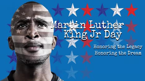 Martin-Luther-King-Jr.-Day-Textbanner-Und-Afroamerikanischer-Männlicher-Athlet-Auf-Blauem-Hintergrund