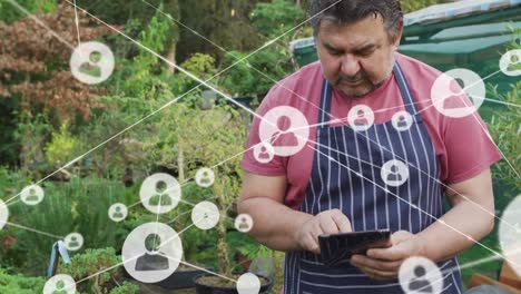 Video-of-network-of-connections-over-latino-man-working-in-the-garden
