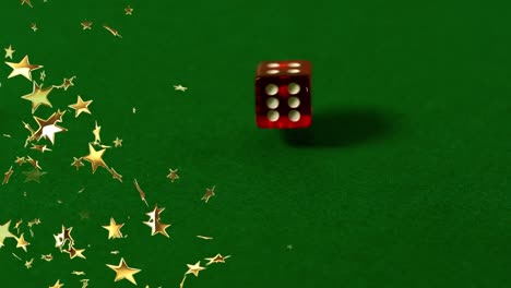 Animation-of-gold-stars-falling-over-two-red-dice-on-green-casino-background