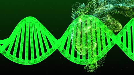 Animation-of-dna-strand-and-green-spots-on-black-background