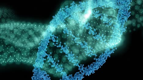 Digitale-Animation-Einer-DNA-Struktur,-Die-Sich-Gegen-Eine-Digitale-Welle-Auf-Schwarzem-Hintergrund-Dreht