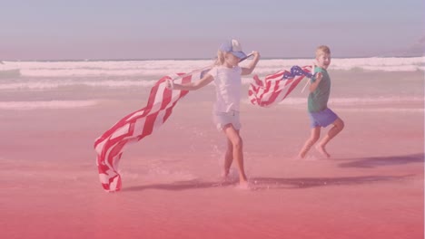 Animation-of-smiling-caucasian-siblings-with-american-flags-running-at-beach