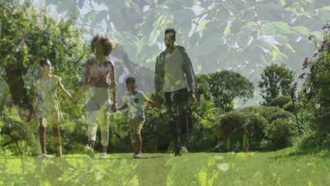 Composite-video-of-tall-tress-against-african-american-family-holding-hands-walking-in-the-garden