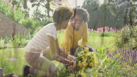 Composite-video-of-green-grass-against-african-american-mother-and-daughter-gardening-in-the-garden