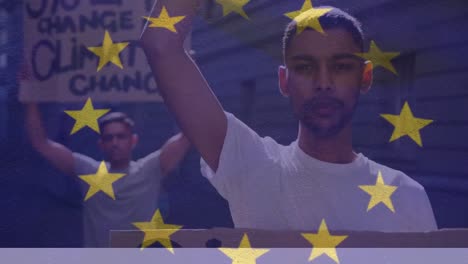 Video-De-La-Bandera-De-La-UE-Sobre-Protestas-De-Personas-Diversas.