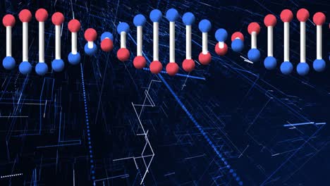 Digitale-Animation-Einer-DNA-Struktur,-Die-Sich-Vor-Einer-3D-Stadtstruktur-Auf-Blauem-Hintergrund-Dreht