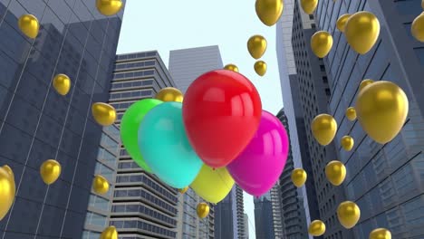 Digitale-Animation-Mehrerer-Bunter-Luftballons,-Die-über-Einem-3D-Modell-Hoher-Gebäude-Schweben