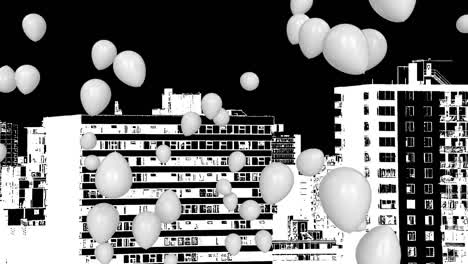 Animation-of-balloons-and-cityscape-on-black-background